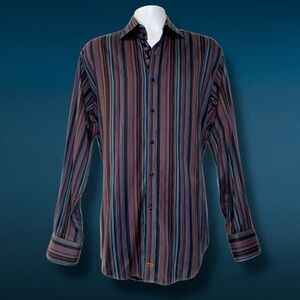 Thomas Dean Striped Button-Up Shirt Paisley Trim | Night Out / Holiday / Medium